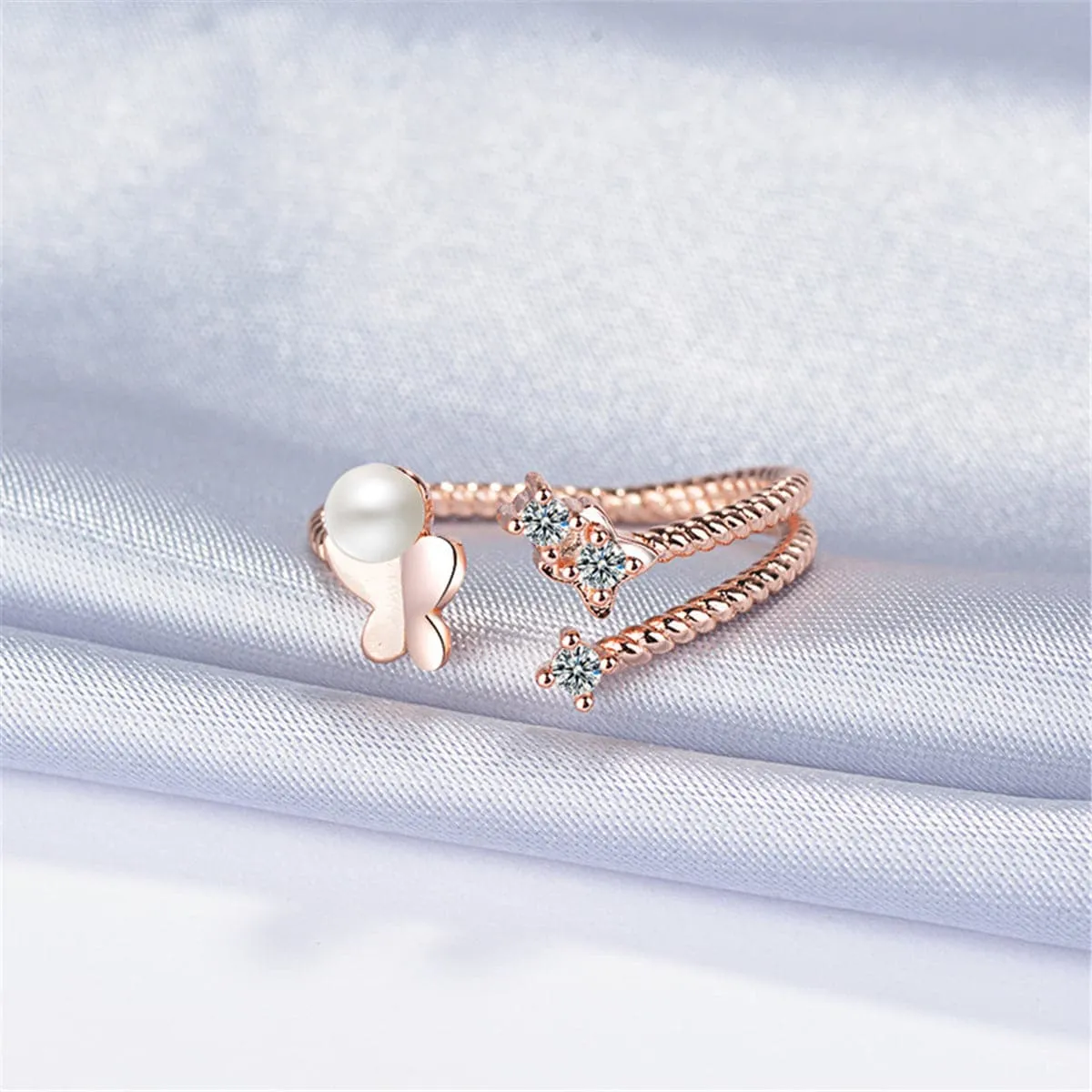 Cubic Zirconia & Pearl 18K Rose Gold-Plated Butterfly Split-Shank Open Ring
