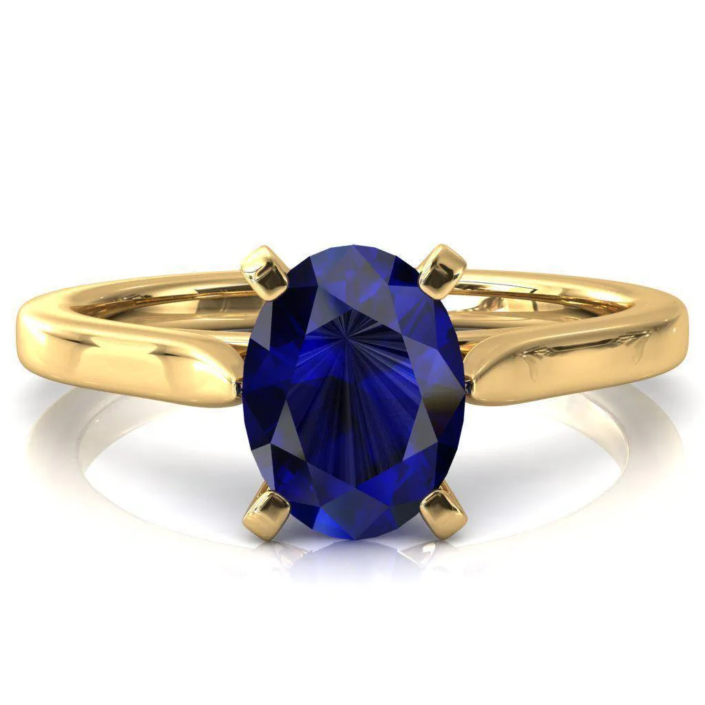 Darci Oval Blue Sapphire 4 Prong Cathedral Solitaire Engagement Ring