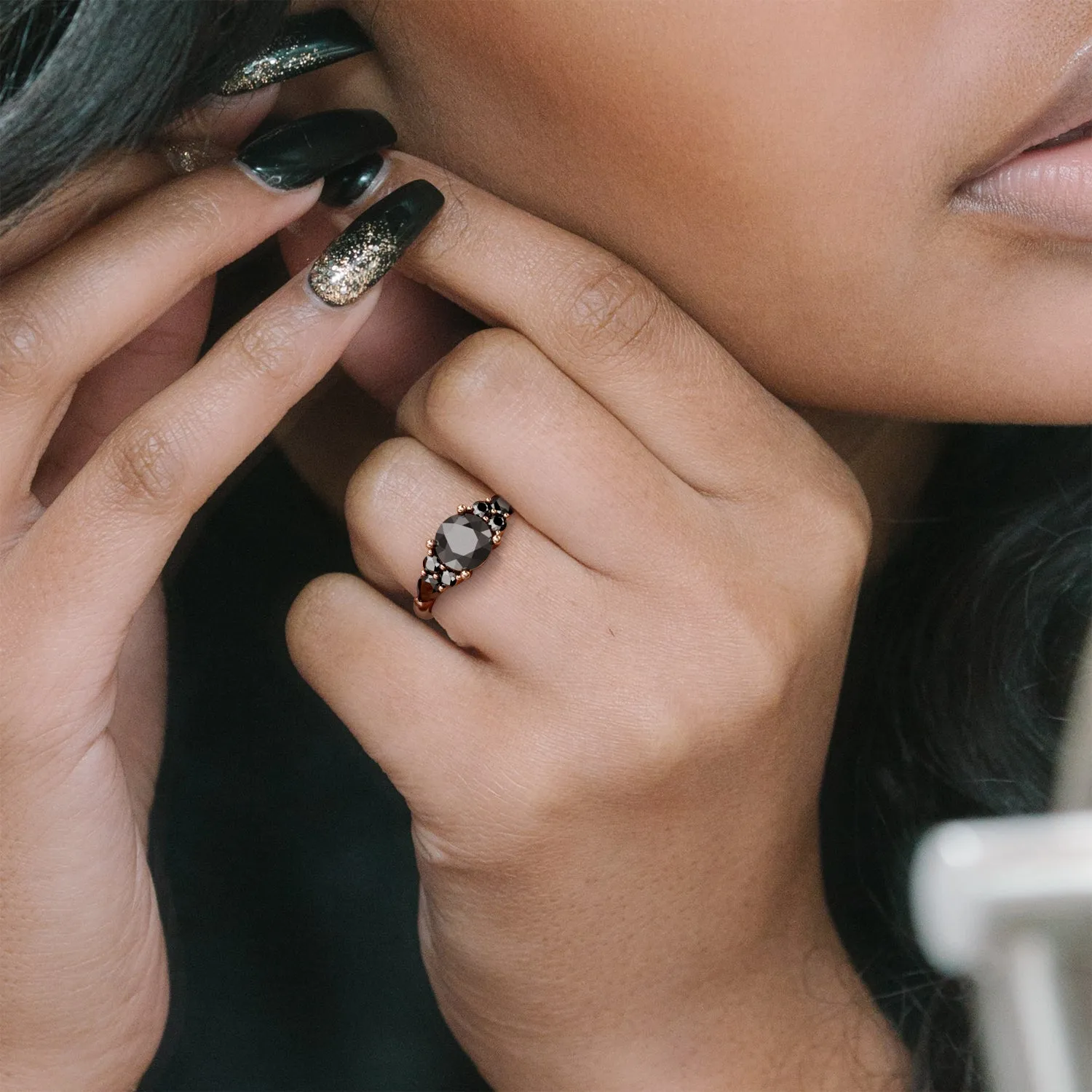 Dark Matter 3-stone  Natural Black Diamond Round Engagement Ring