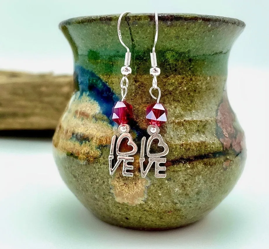 Earrings - "Love" Charm with Red Swarovski Crystals