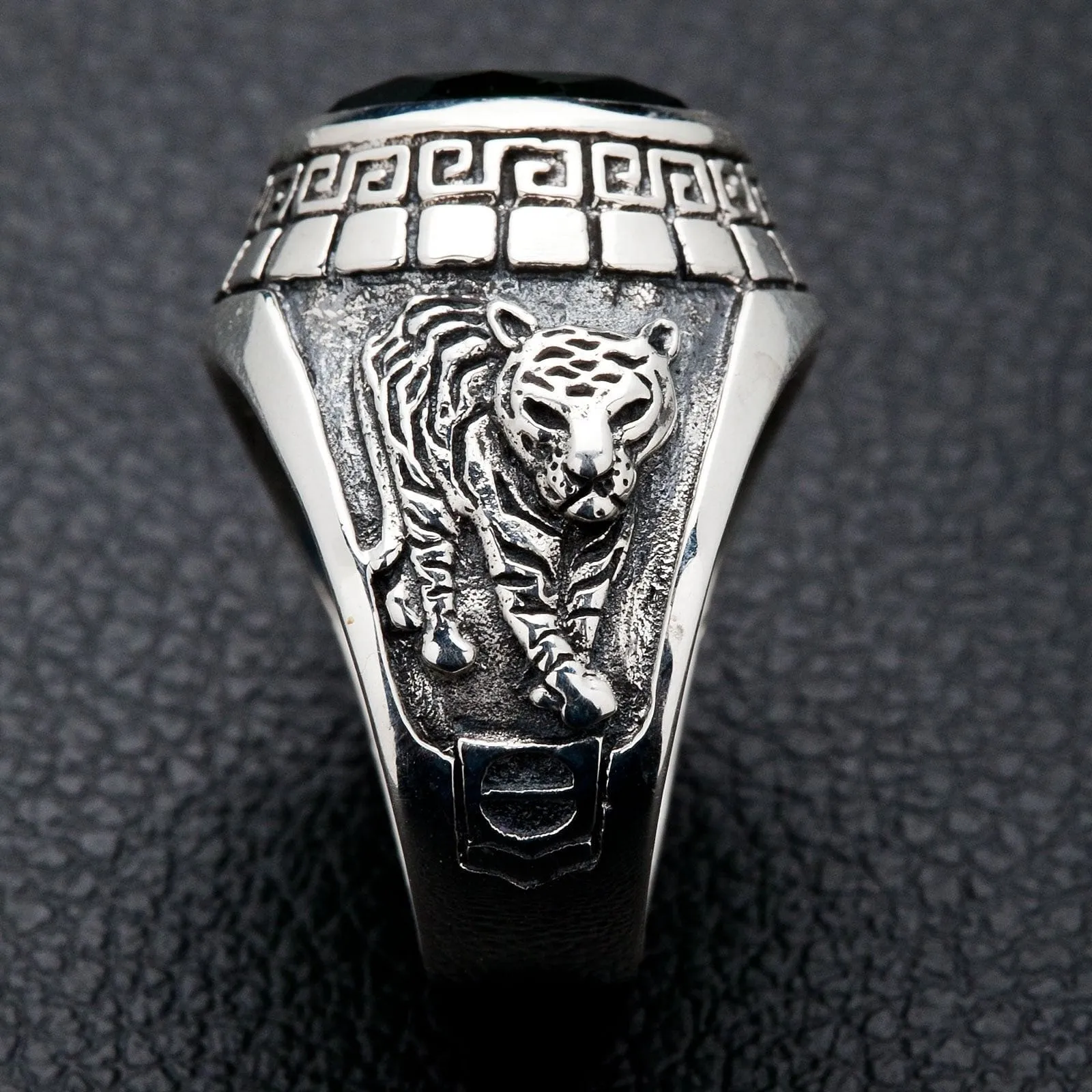 Emerald Japanese Tiger Dragon Sterling Silver Men's Ring