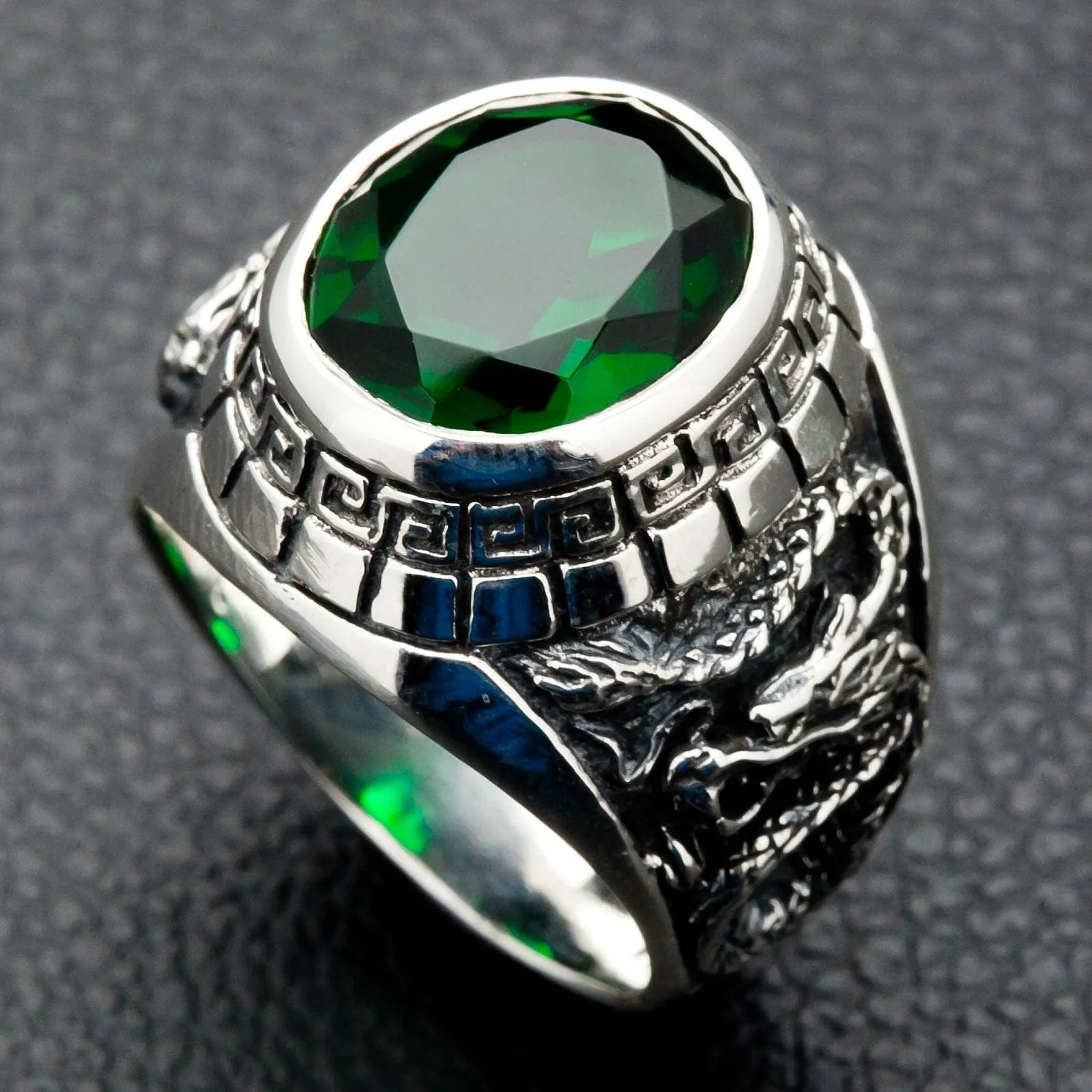 Emerald Japanese Tiger Dragon Sterling Silver Men's Ring