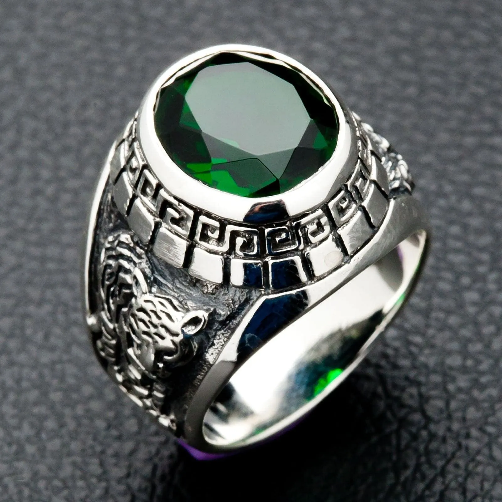 Emerald Japanese Tiger Dragon Sterling Silver Men's Ring