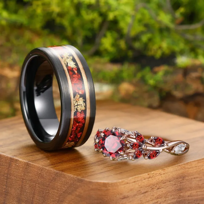 Exquisite Milgrain Red Garnet Engagement Couple Rings His And Hers S925 And Tungsten Matching Marriage Ring