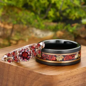 Exquisite Milgrain Red Garnet Engagement Couple Rings His And Hers S925 And Tungsten Matching Marriage Ring