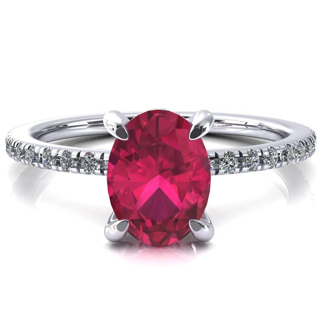 Ezili Oval Ruby 4 Claw Prong Micro Pave Diamond Sides Engagement Ring