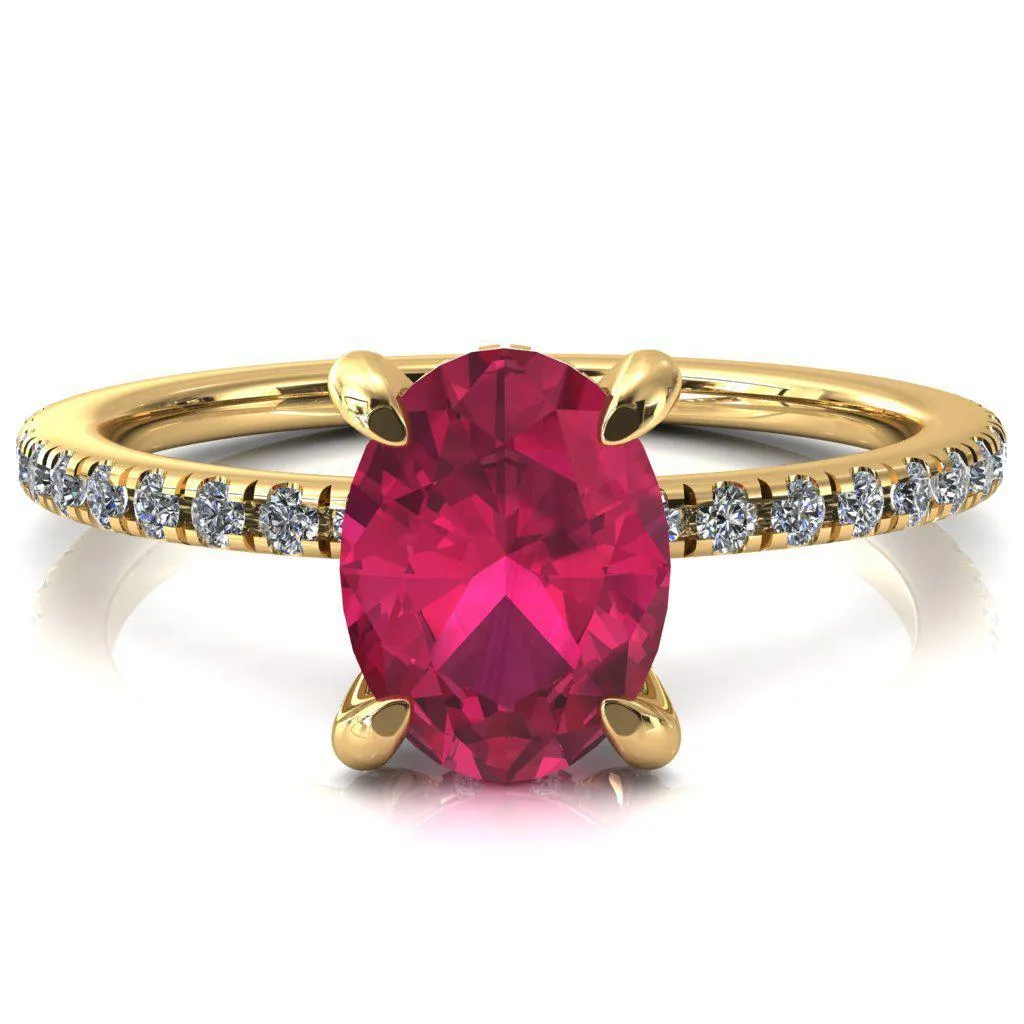 Ezili Oval Ruby 4 Claw Prong Micro Pave Diamond Sides Engagement Ring
