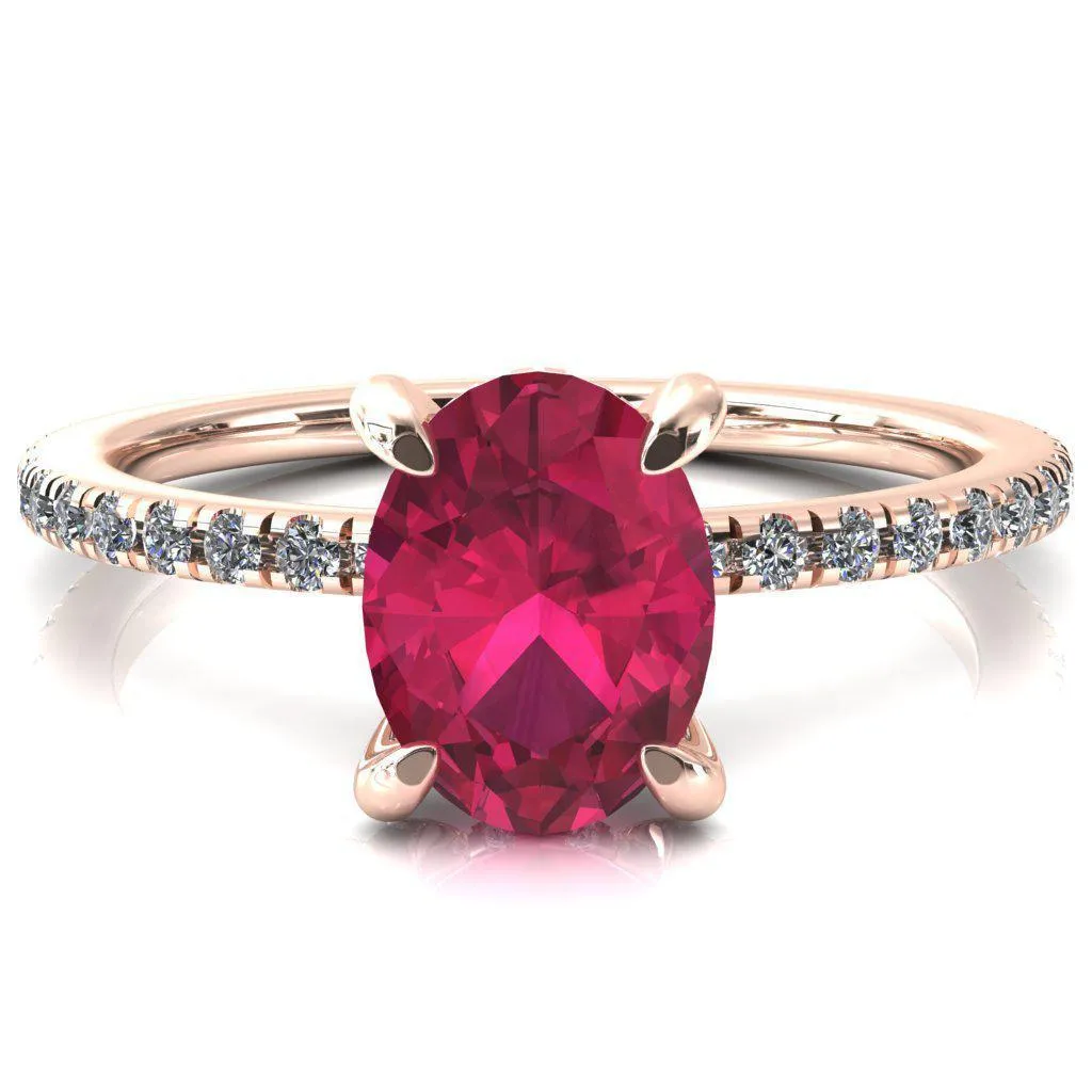 Ezili Oval Ruby 4 Claw Prong Micro Pave Diamond Sides Engagement Ring