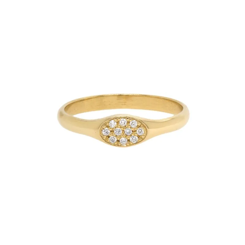 Gold Small Oval "Signet" Pinky Ring with Pave Diamonds
