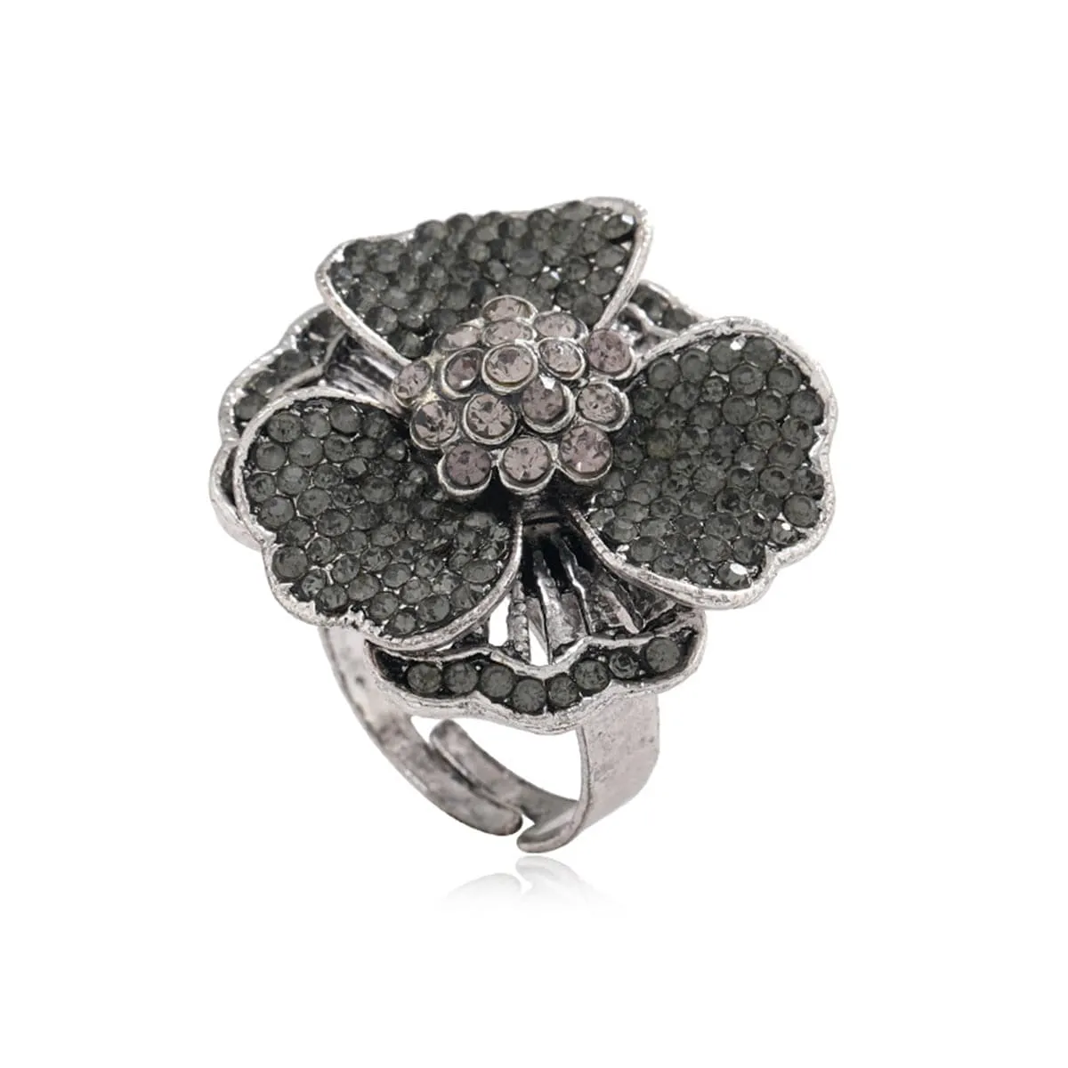 Gray Cubic Zirconia & Silver-Plated Flower Adjustable Ring