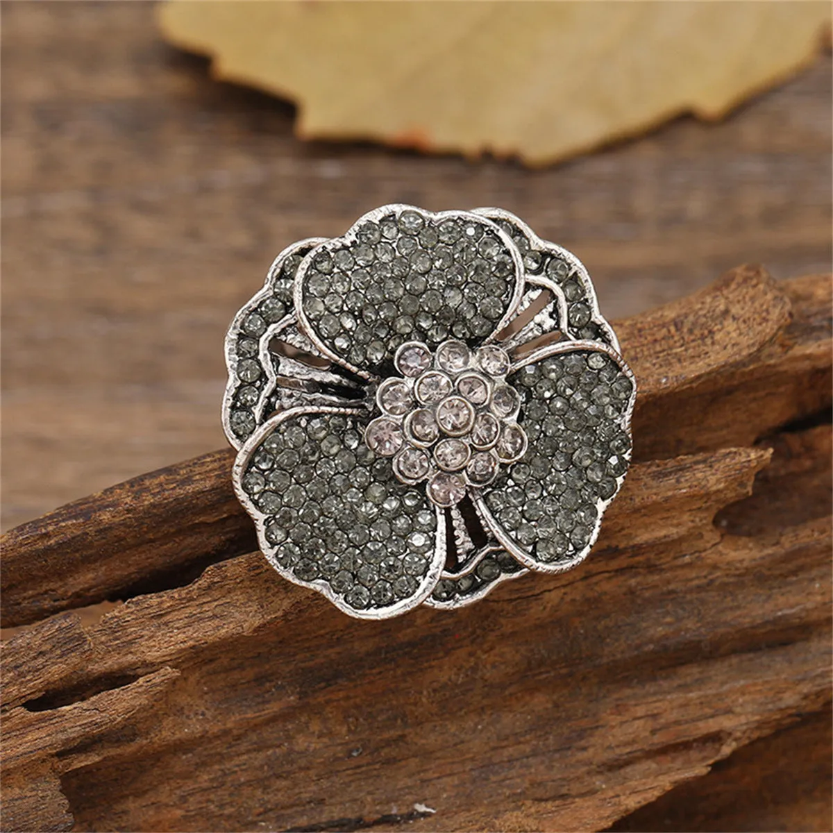 Gray Cubic Zirconia & Silver-Plated Flower Adjustable Ring