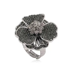Gray Cubic Zirconia & Silver-Plated Flower Adjustable Ring