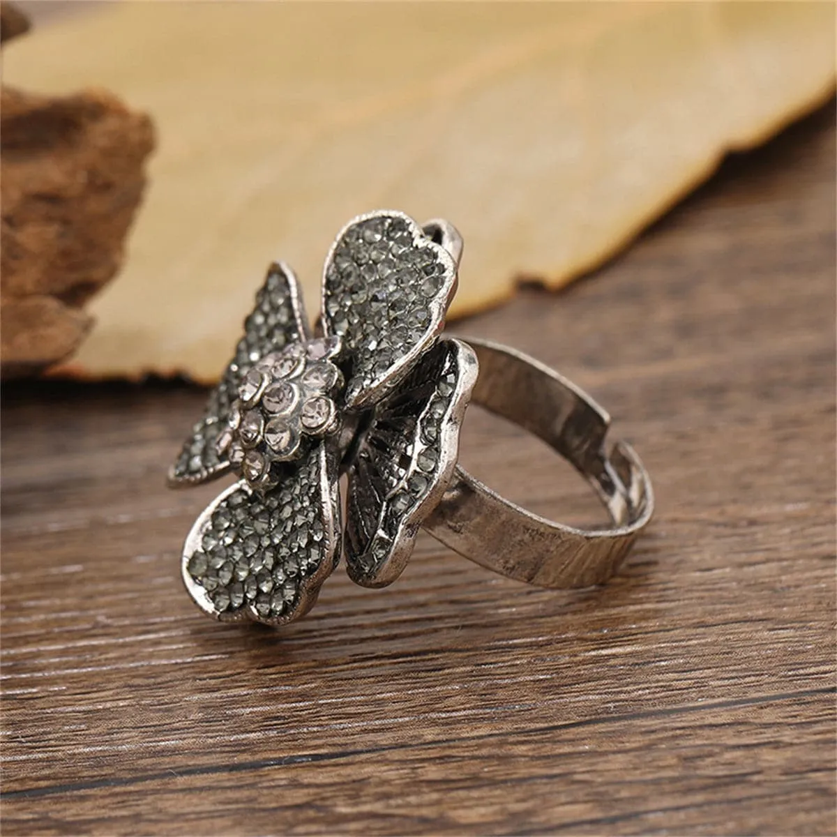 Gray Cubic Zirconia & Silver-Plated Flower Adjustable Ring
