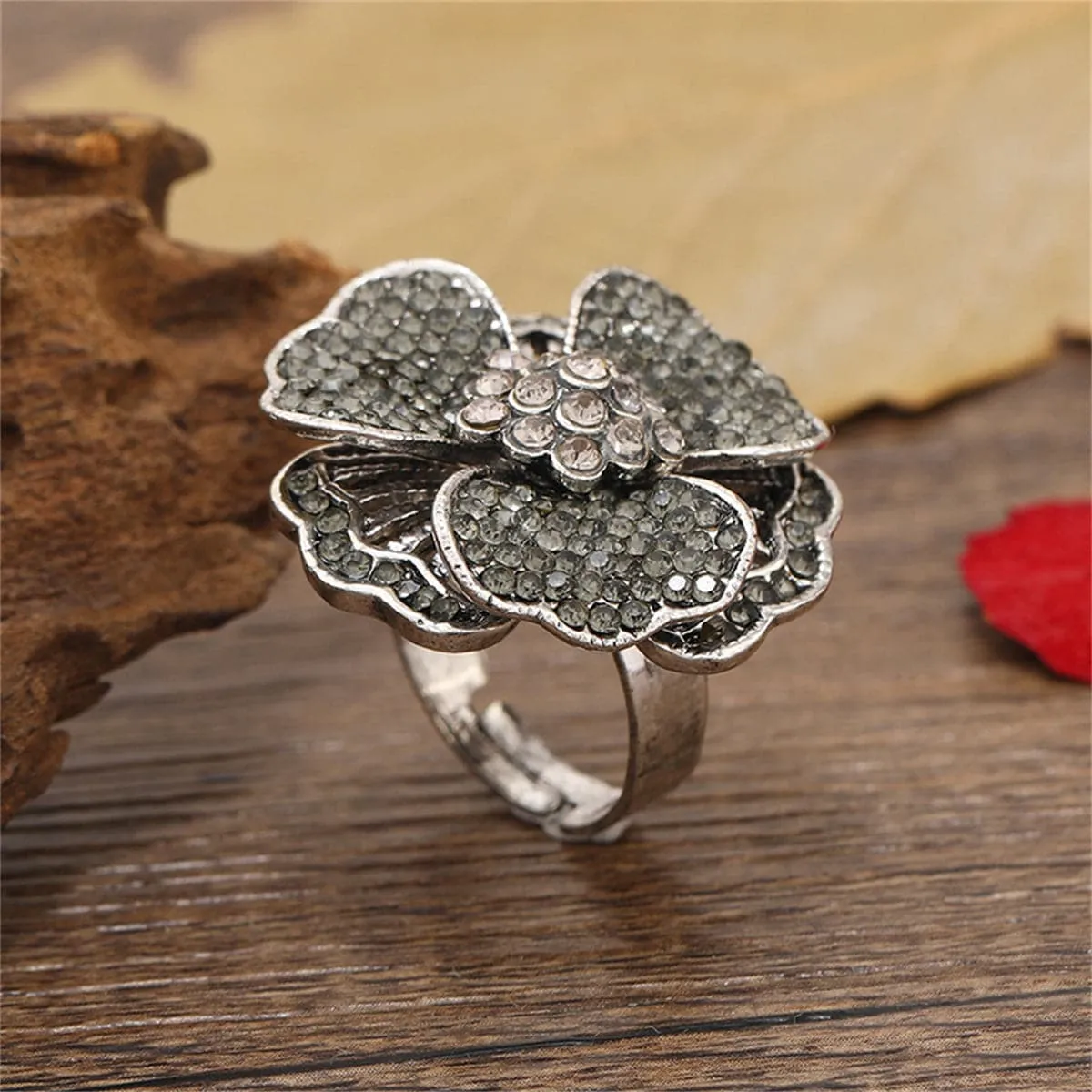 Gray Cubic Zirconia & Silver-Plated Flower Adjustable Ring