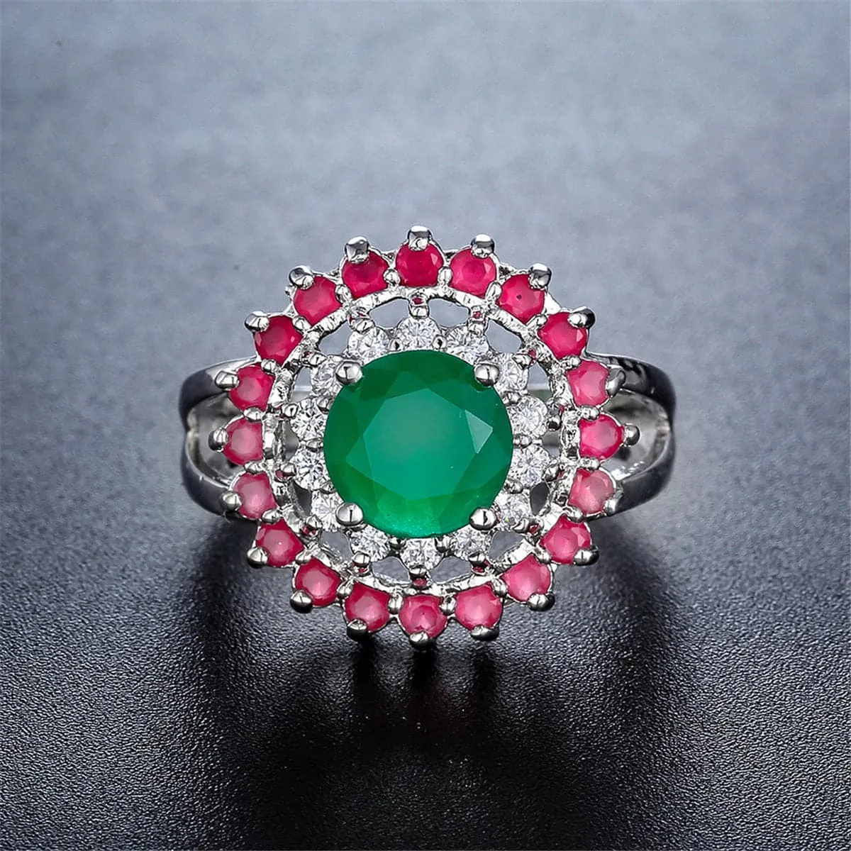 Green & Red Cubic Zirconia & Crystal Sunflower Ring