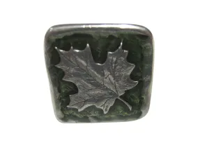 Green and Silver Toned Square Maple Leaf Adjustable Size Fashion Ring