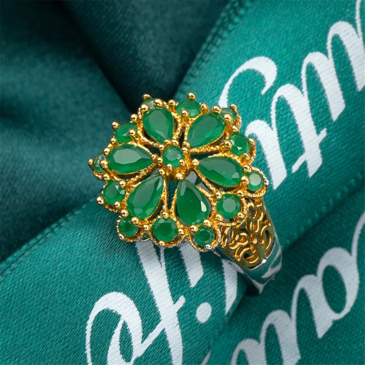 Green Crystal & 18K Gold-Plated Flower Ring