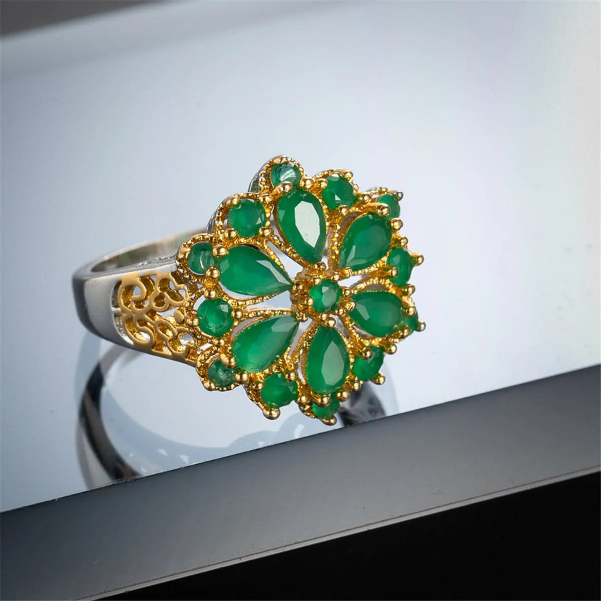 Green Crystal & 18K Gold-Plated Flower Ring