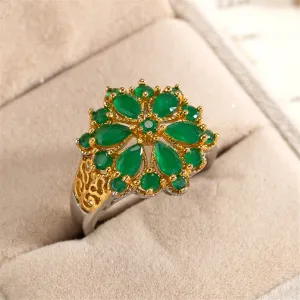 Green Crystal & 18K Gold-Plated Flower Ring