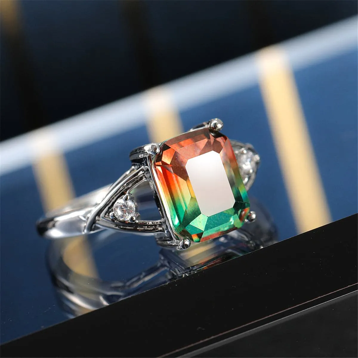 Green Crystal & Cubic Zirconia Cushion Openwork Ring