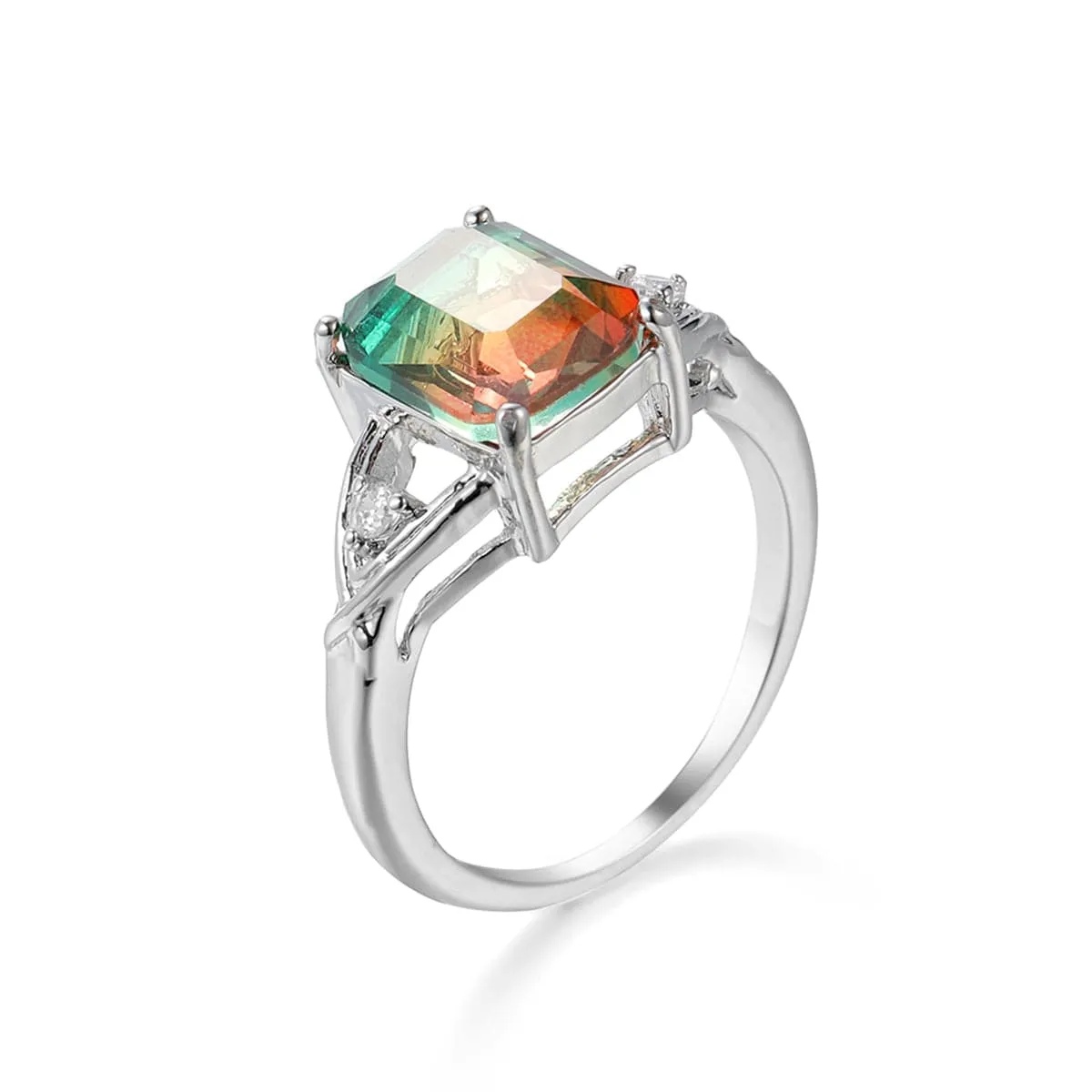 Green Crystal & Cubic Zirconia Cushion Openwork Ring