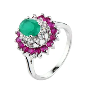 Green Crystal & Red Cubic Zirconia Oval-Cut Halo Ring