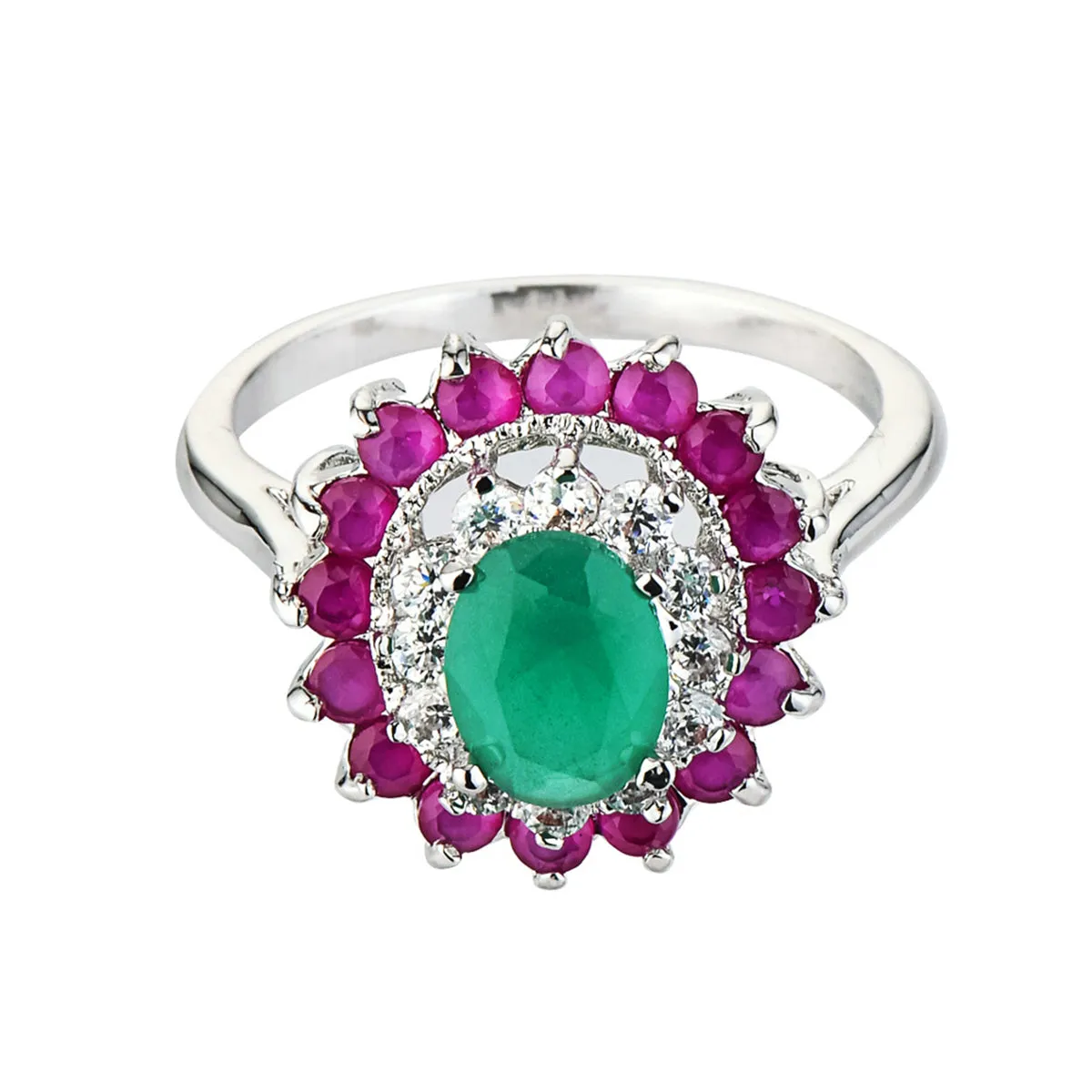Green Crystal & Red Cubic Zirconia Oval-Cut Halo Ring