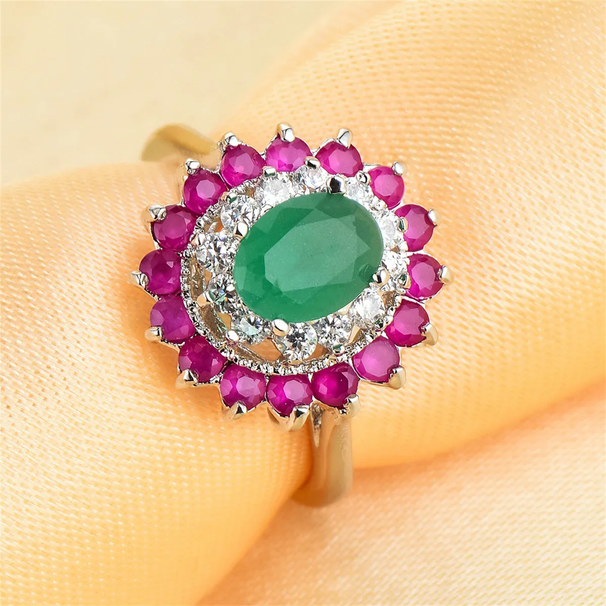 Green Crystal & Red Cubic Zirconia Oval-Cut Halo Ring