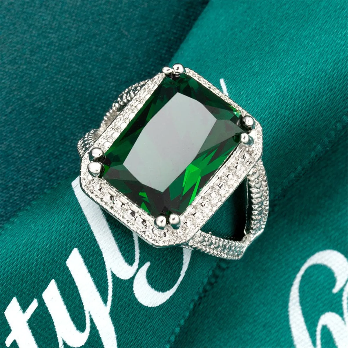 Green Crystal & Silver-Plated Princess Ring