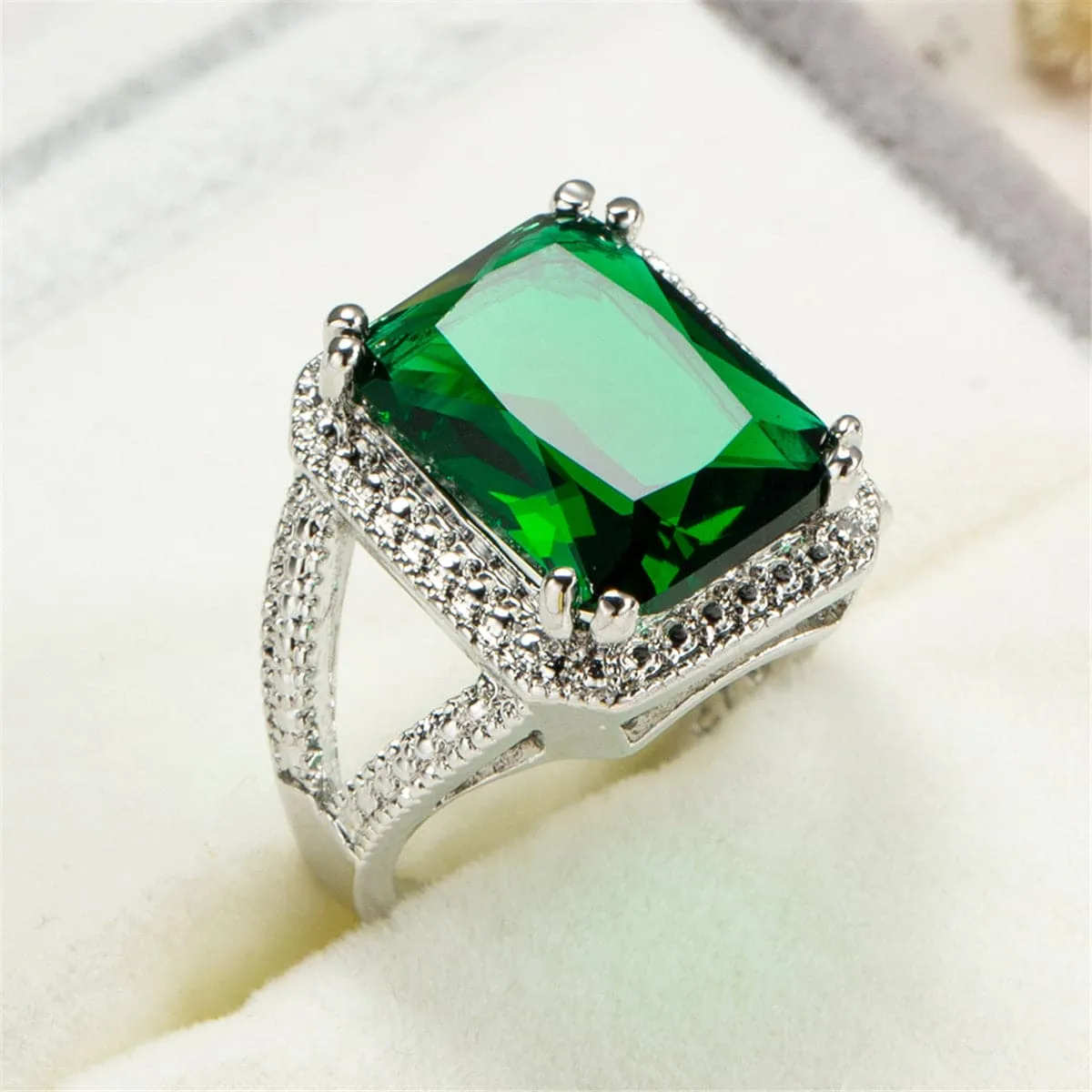 Green Crystal & Silver-Plated Princess Ring