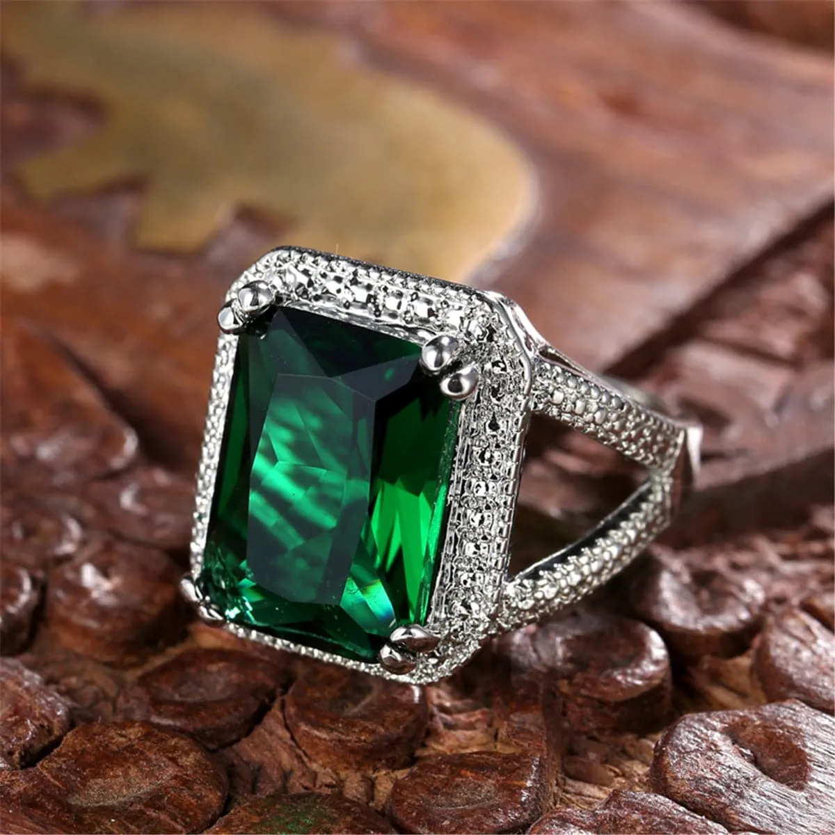 Green Crystal & Silver-Plated Princess Ring