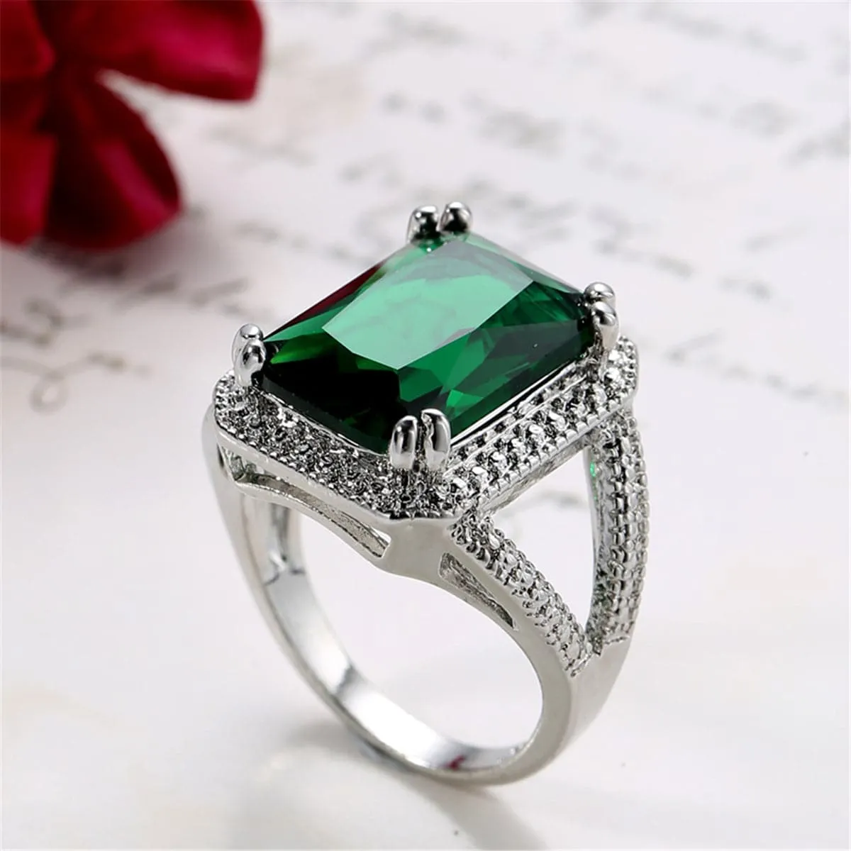 Green Crystal & Silver-Plated Princess Ring
