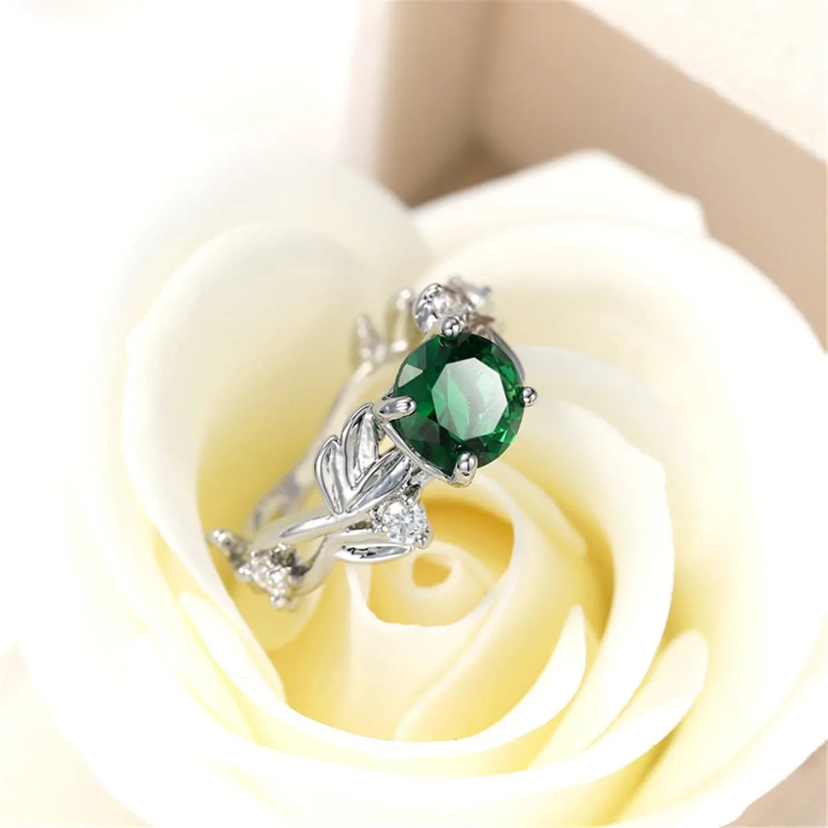 Green Crystal & Silver-Plated Round-Cut Ring