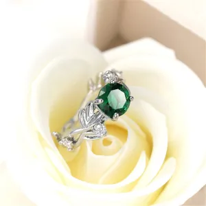 Green Crystal & Silver-Plated Round-Cut Ring