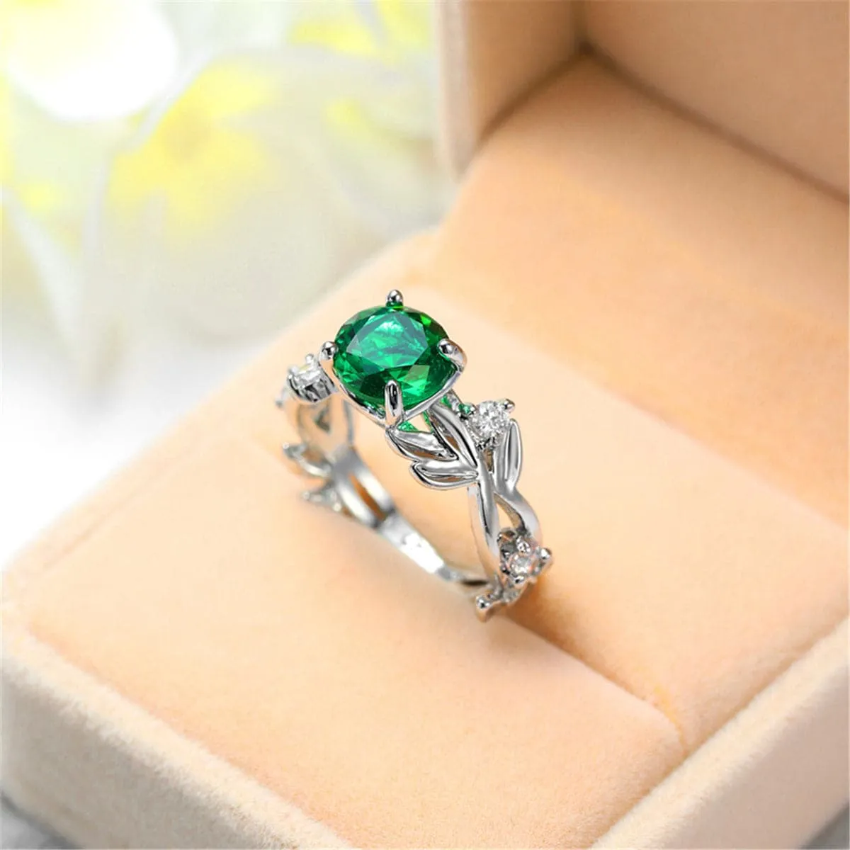 Green Crystal & Silver-Plated Round-Cut Ring