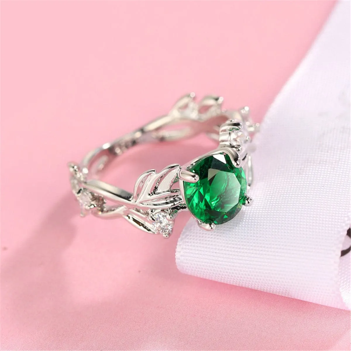 Green Crystal & Silver-Plated Round-Cut Ring