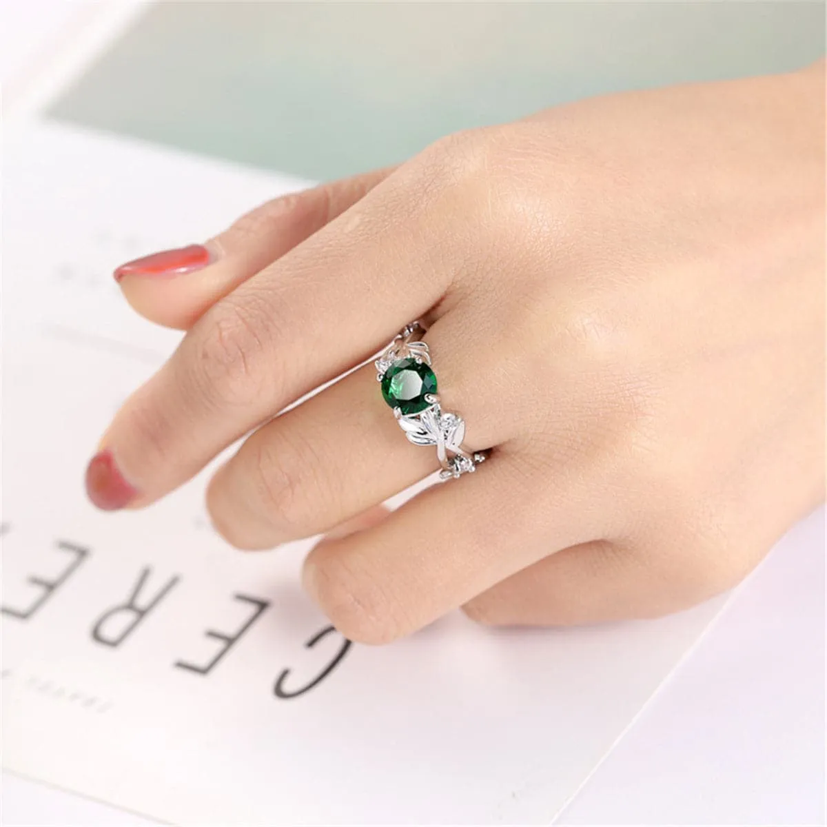 Green Crystal & Silver-Plated Round-Cut Ring