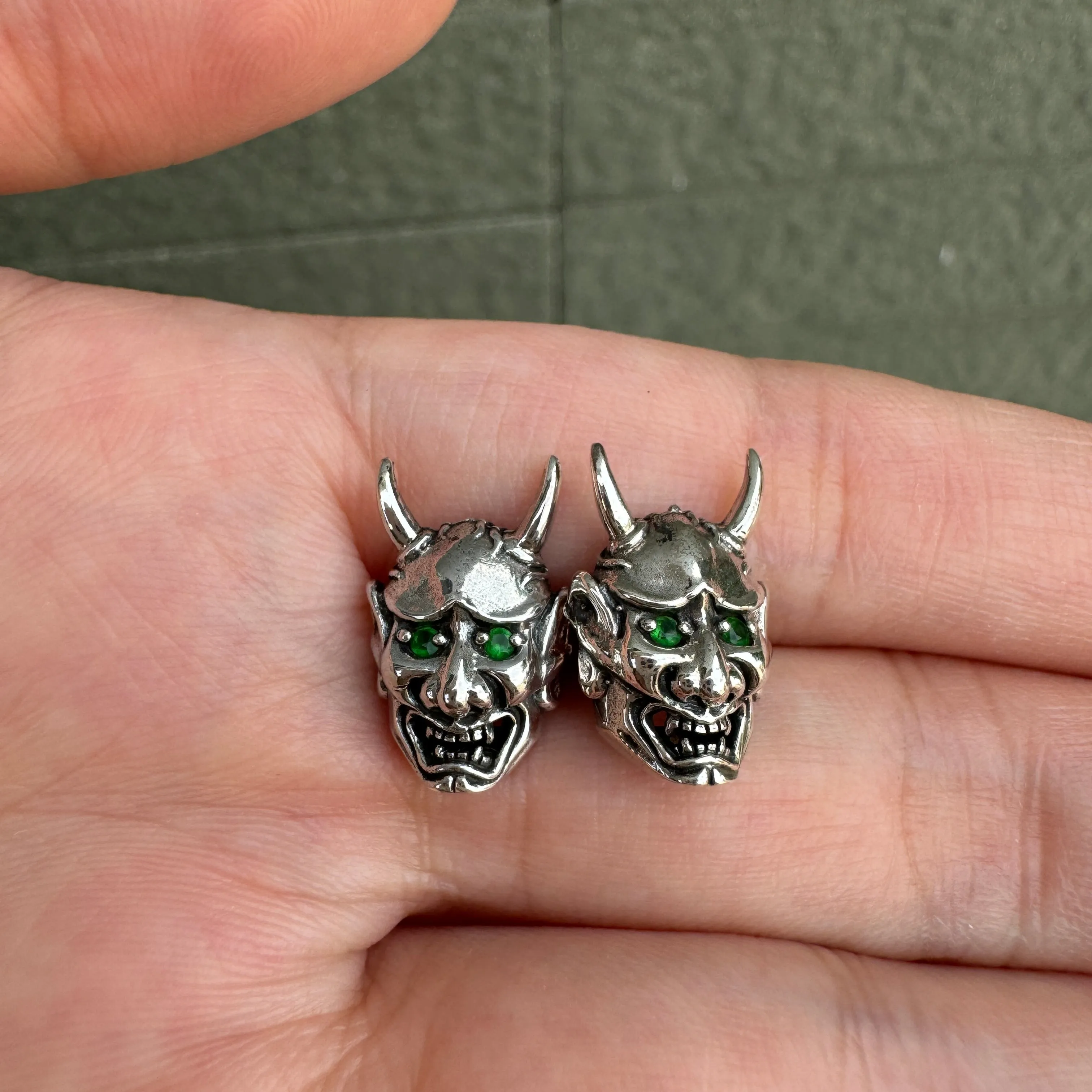 Green Eyes Japanese Oni Mask Sterling Silver Skull Earrings