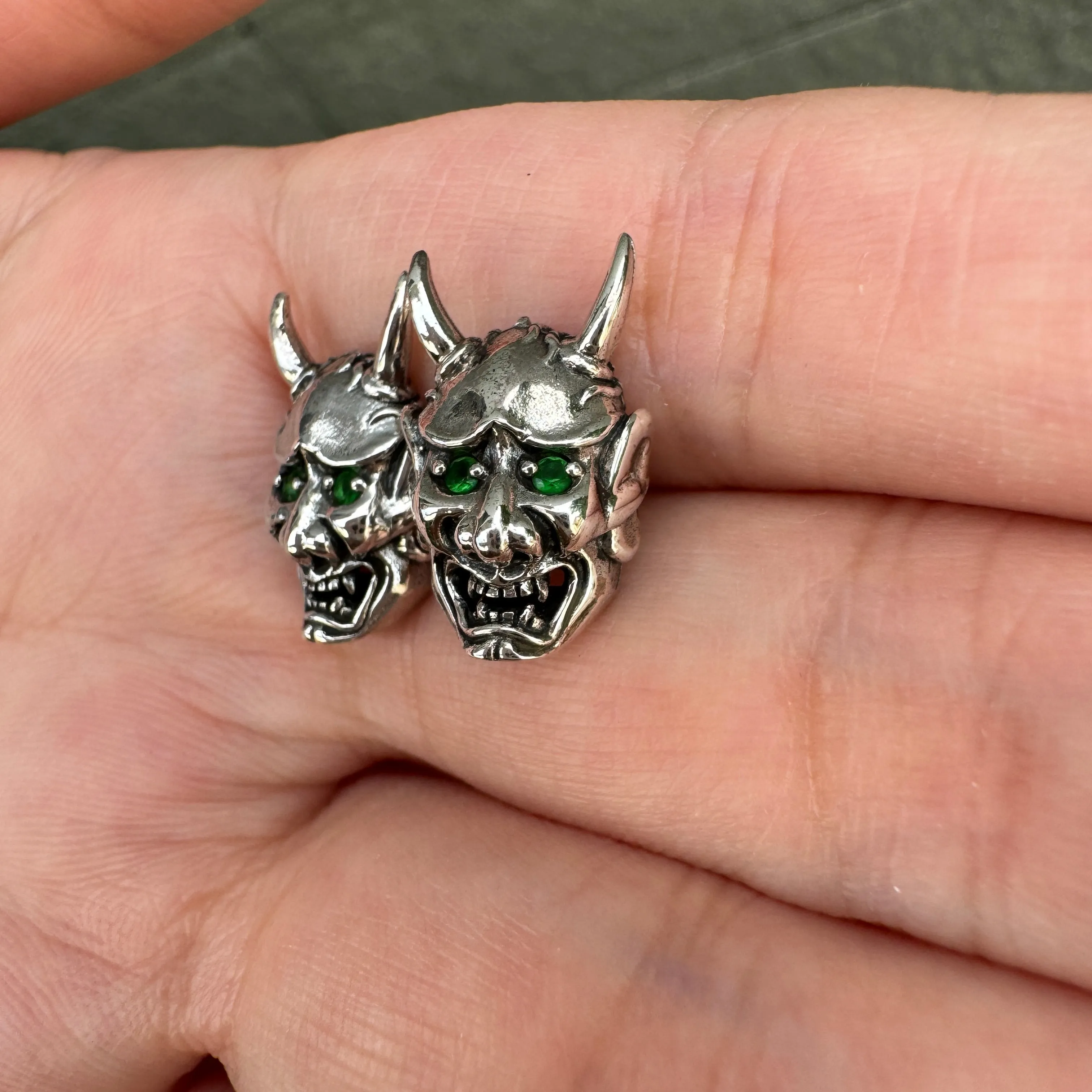Green Eyes Japanese Oni Mask Sterling Silver Skull Earrings