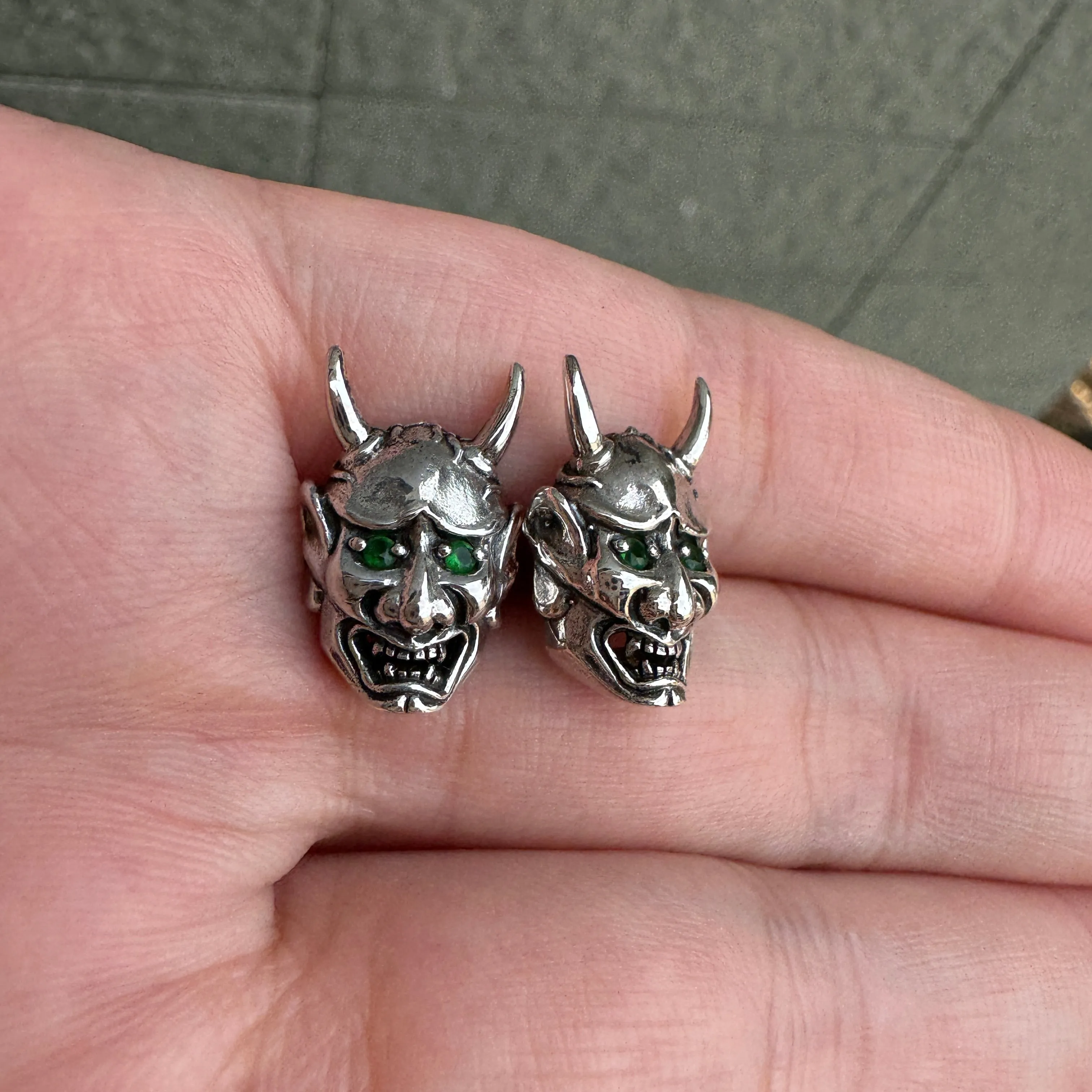 Green Eyes Japanese Oni Mask Sterling Silver Skull Earrings