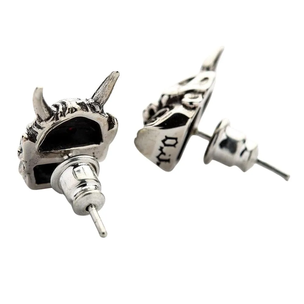 Green Eyes Japanese Oni Mask Sterling Silver Skull Earrings