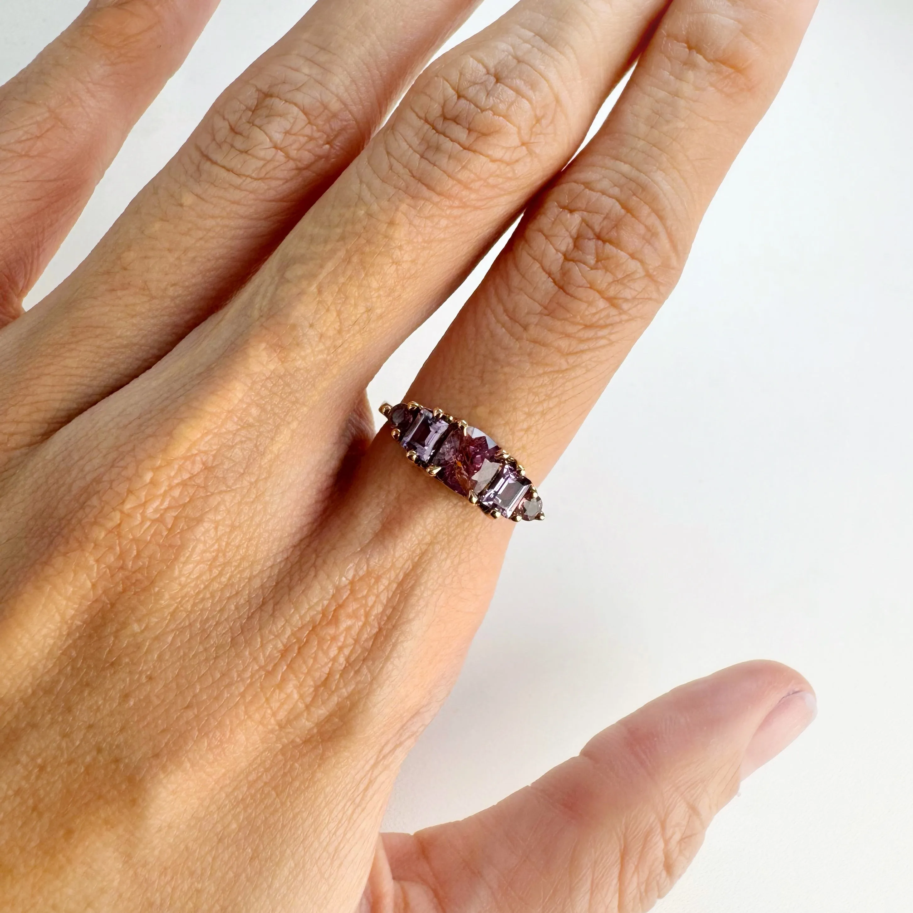 Handmade 6 mm. Cushion Cut Purple Burmese Spinel, Amethyst and Sapphire Cluster Ring