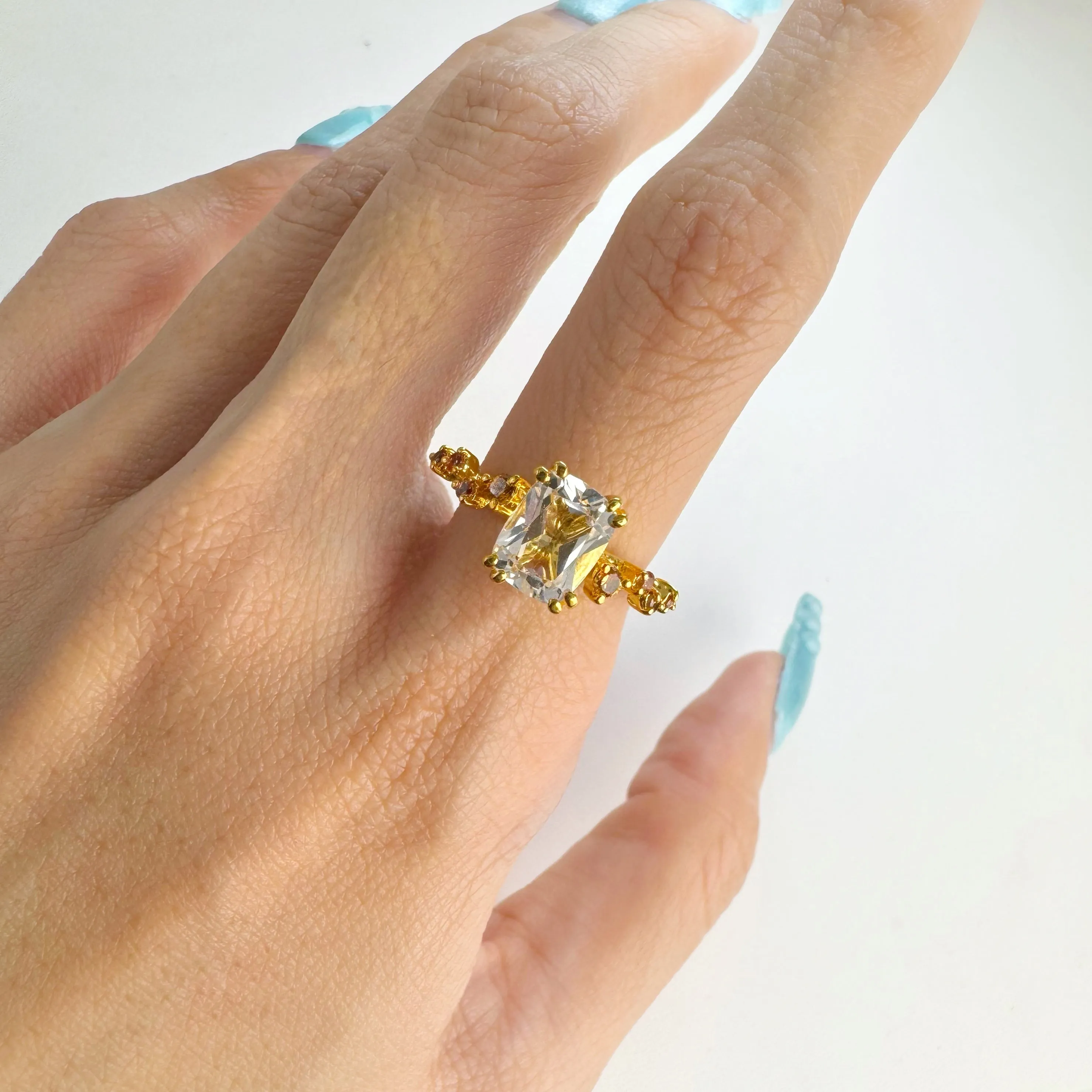 Handmade 7 x 9 mm. Cushion Cut White Brazilian Topaz with Sapphire Accents Ring