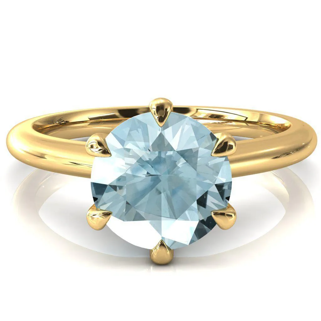 Hennie Round Aqua Blue Spinel 6 Claw Prong High Shoulder Solitaire Ring