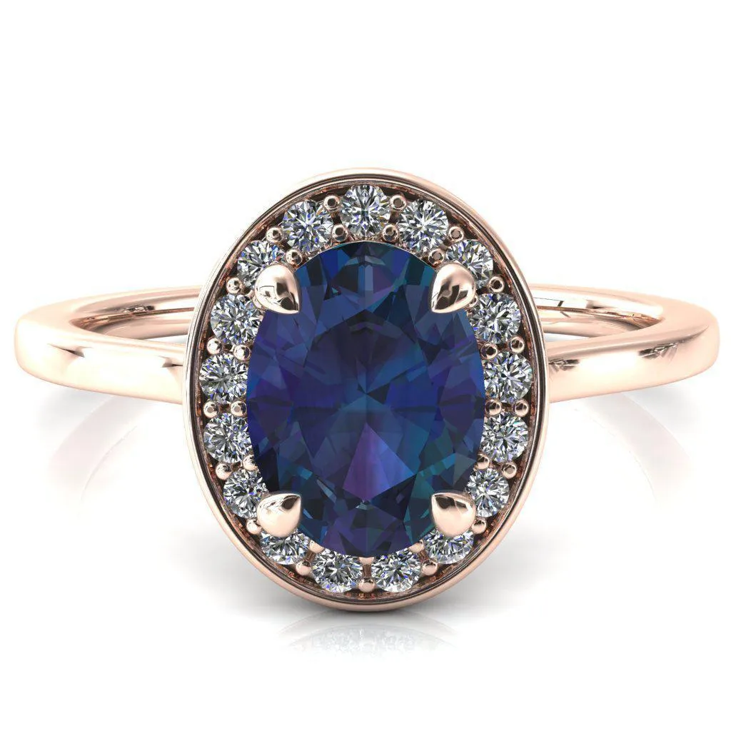Holly Oval Alexandrite 4 Prong Pinpoint Floating Halo Scalloped Cathedral Ring