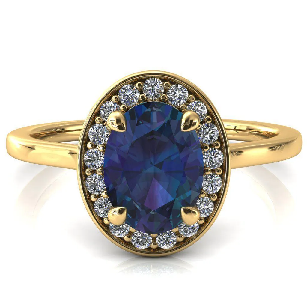 Holly Oval Alexandrite 4 Prong Pinpoint Floating Halo Scalloped Cathedral Ring