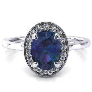 Holly Oval Alexandrite 4 Prong Pinpoint Floating Halo Scalloped Cathedral Ring