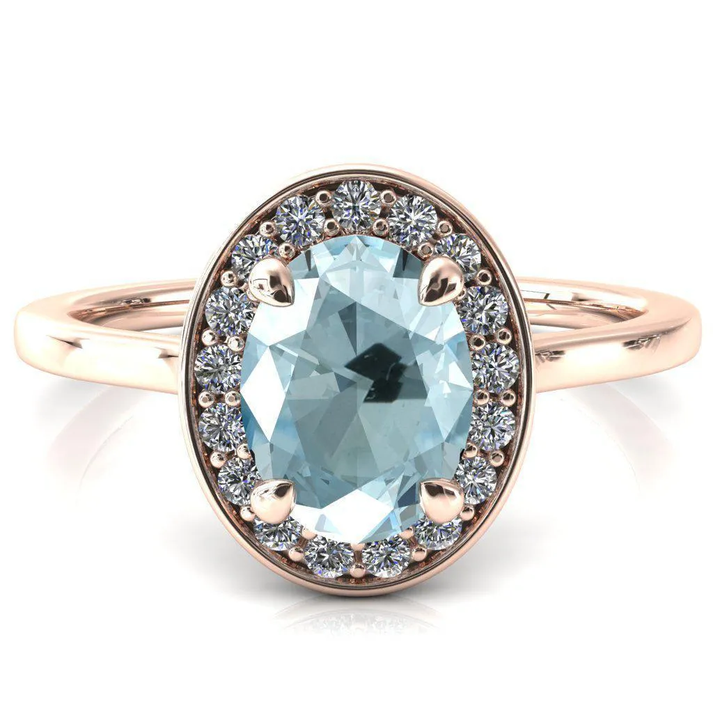 Holly Oval Aqua Blue Spinel 4 Prong Pinpoint Floating Halo Scalloped Cathedral Ring