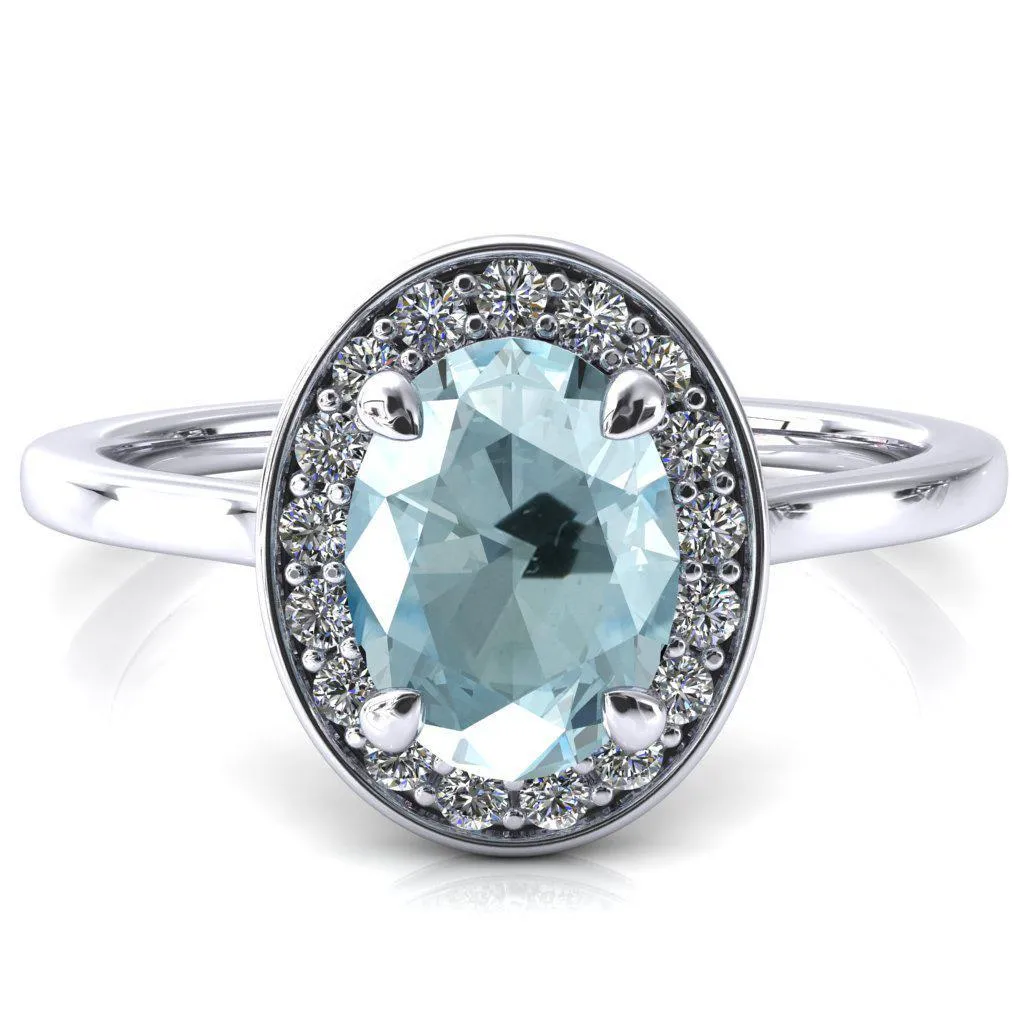 Holly Oval Aqua Blue Spinel 4 Prong Pinpoint Floating Halo Scalloped Cathedral Ring