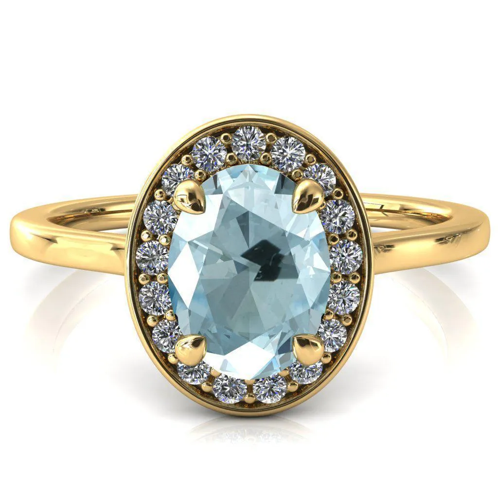 Holly Oval Aqua Blue Spinel 4 Prong Pinpoint Floating Halo Scalloped Cathedral Ring